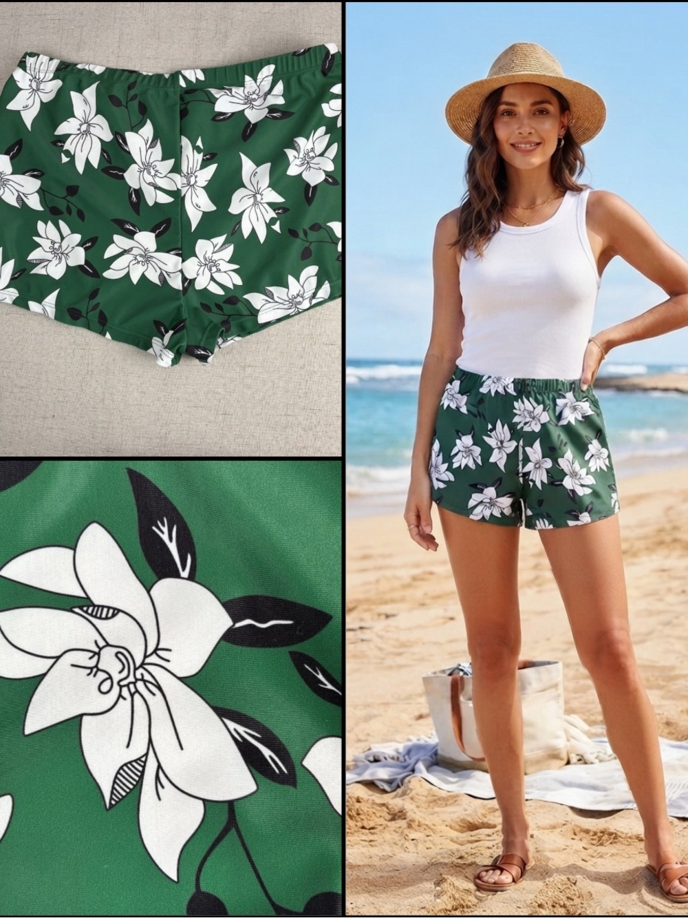 Wahine Womens Tropical Swim Bottoms Green White Cheeky Shorts Floral Lotus XL